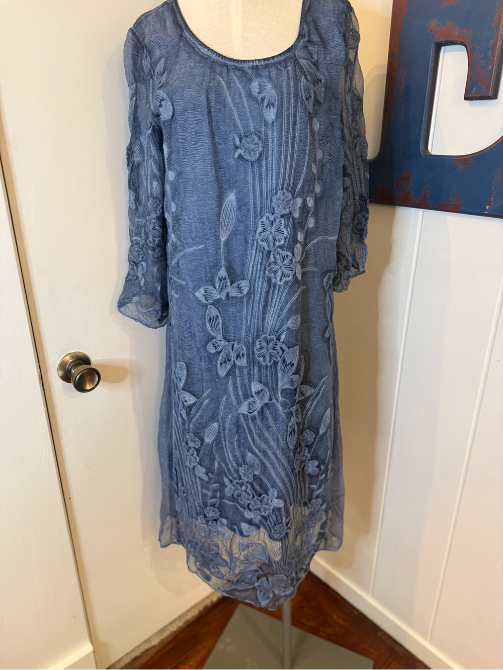 Soft Surroundings Blue Embroidered Midi Dress Sz S